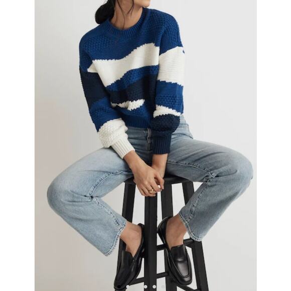 MADEWELL SWEATER KNIT BLUE COTTON NAUTICAL PREPPY WARM WINTER UNIQUE ABSTRACT - Picture 3 of 12